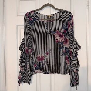 Lily White Striped Floral Ruffle bell tie Sleeve blouse keyhole black pink M